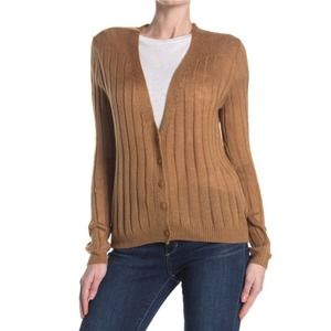 COTTON EMPORIUM Cardigan Brown V Neck Button Front Ribbed